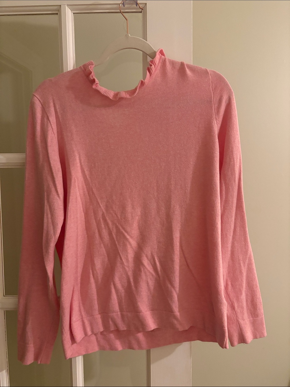 J. Crew Pink Ruffle Mock-Neck Sweater